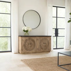 Carved Acacia Wood Sideboard with Black Marble