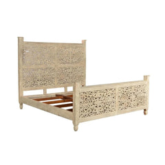 Hand Carved Wooden Bed – White & Dark Brown