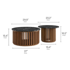 Round Marble Top Nesting Coffee Table Set in Walnut Black