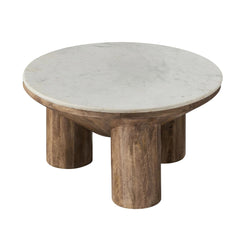 Tatvaacasa 33" Round Wood Coffee Table With Marble Top in Walnut