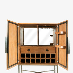 Tatvaacasa Geometric Pattern Wooden Bar Cabinet with Metal Stand – Natural Finish