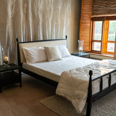 Solid Wood Bed with Upholstered Headboard | Modern Wooden Bed Frame for Bedroom