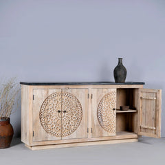 Carved Acacia Wood Sideboard with Black Marble