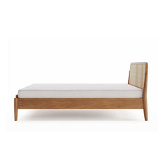 Solid Wood Bed with Cane Webbing Headboard – Natural Finish Wooden Double Bed for Bedroom
