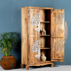 Hand Carved Mango Wood Wardrobe Tree Of Life