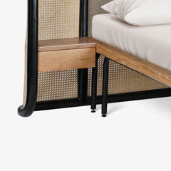 Tatvaacasa Modern Queen Bed with Cane Back & Metal Frame – Natural Wood Finish