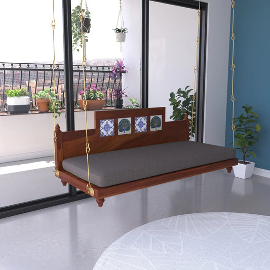 Wooden Swing with Hand-Painted Peacock Tiles