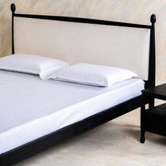 Solid Wood Bed with Upholstered Headboard | Modern Wooden Bed Frame for Bedroom