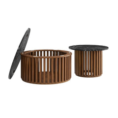 Round Marble Top Nesting Coffee Table Set in Walnut Black