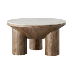 Tatvaacasa 33" Round Wood Coffee Table With Marble Top in Walnut