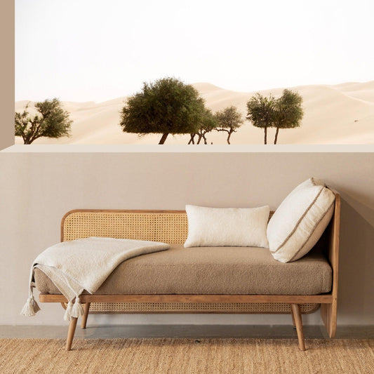 Modern Solid Wood Daybed with Cane Panel Back | Upholstered Lounge Bed