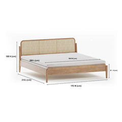 Solid Wood Bed with Cane Webbing Headboard – Natural Finish Wooden Double Bed for Bedroom