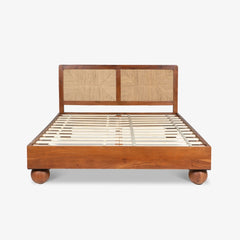 Tatvaacasa Queen Size Wooden Bed with Woven Cane Back