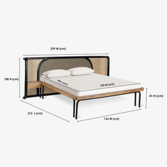 Tatvaacasa Modern Queen Bed with Cane Back & Metal Frame – Natural Wood Finish