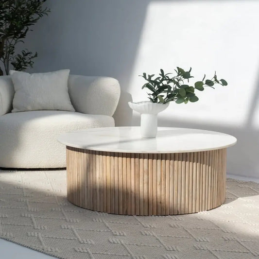 Tatvaacasa Wooden Round Marble Top Coffee Table