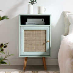 Nordic Woven Rattan 1-Door Bedside Table in White