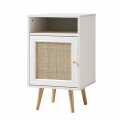 Nordic Woven Rattan 1-Door Bedside Table in White