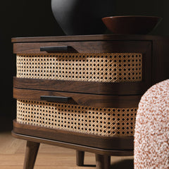 Regal Curved Rattan 2-Drawer Bedside Table, Dark Walnut