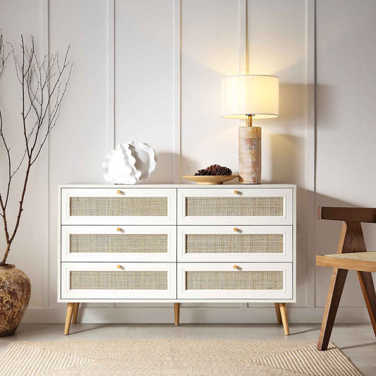 Nordic Woven Rattan Chest of 6 Drawers, White