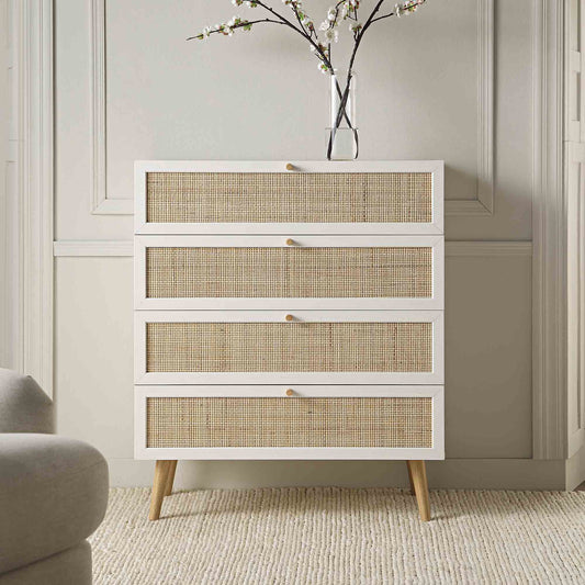 Nordic Woven Rattan Tall Chest of 4 Drawers, White