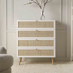 Nordic Woven Rattan Tall Chest of 4 Drawers, White
