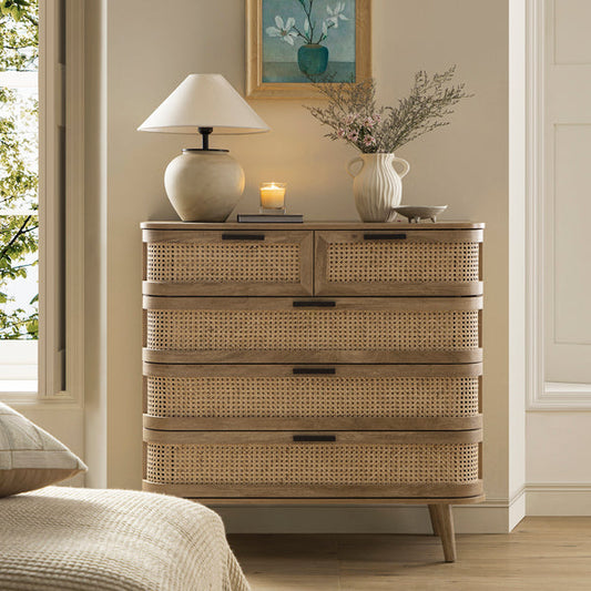 Regal Curved Rattan Chest of 5 Drawers, Natural