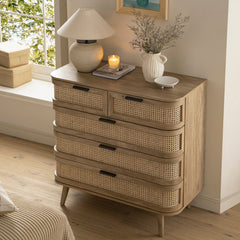 Regal Curved Rattan Chest of 5 Drawers, Natural