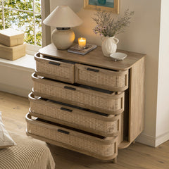 Regal Curved Rattan Chest of 5 Drawers, Natural