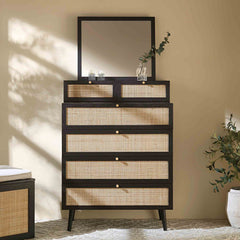 Nordic Woven Rattan Tall Vanity Chest with Mirror, White