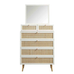 Nordic Woven Rattan Tall Vanity Chest with Mirror, White