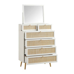 Nordic Woven Rattan Tall Vanity Chest with Mirror, White