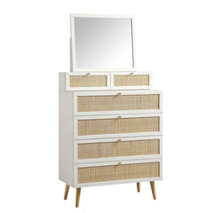 Nordic Woven Rattan Tall Vanity Chest with Mirror, White