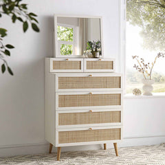 Nordic Woven Rattan Tall Vanity Chest with Mirror, White