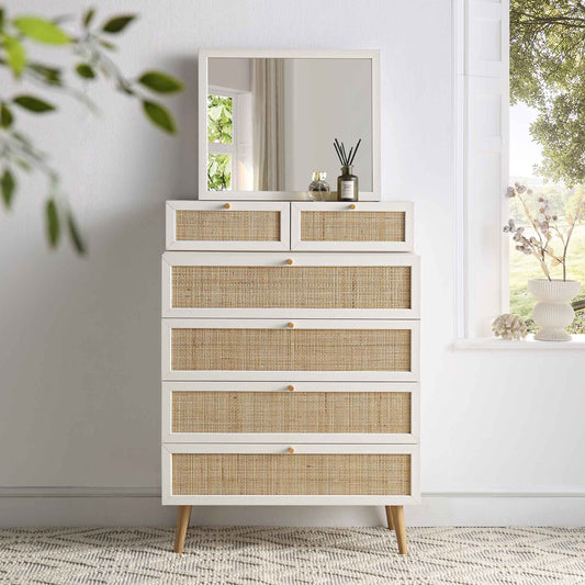 Nordic Woven Rattan Tall Vanity Chest with Mirror, White