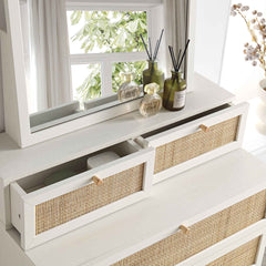 Nordic Woven Rattan Tall Vanity Chest with Mirror, White