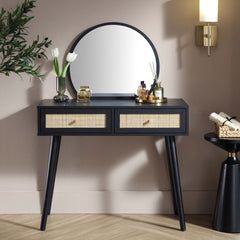 Nordic Woven Rattan Dressing Table with Mirror, White