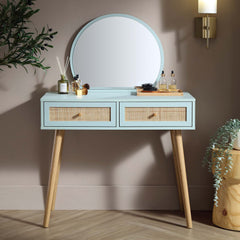 Nordic Woven Rattan Dressing Table with Mirror, White