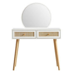 Nordic Woven Rattan Dressing Table with Mirror, White