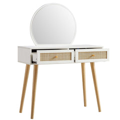 Nordic Woven Rattan Dressing Table with Mirror, White