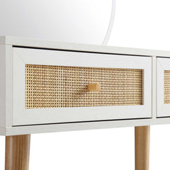 Nordic Woven Rattan Dressing Table with Mirror, White