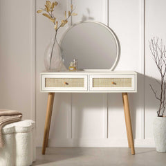 Nordic Woven Rattan Dressing Table with Mirror, White