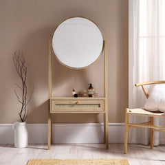 Nordic Woven Rattan Standing Dressing Table with Mirror, White