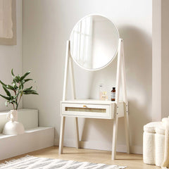 Nordic Woven Rattan Standing Dressing Table with Mirror, White