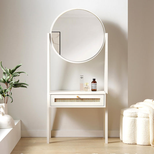 Nordic Woven Rattan Standing Dressing Table with Mirror, White