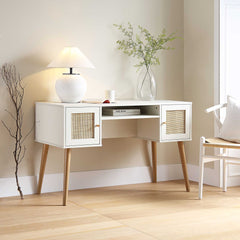 Nordic Woven Rattan 2-Door Desk, White
