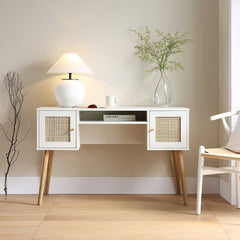 Nordic Woven Rattan 2-Door Desk, White