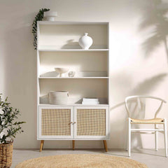 Nordic Woven Rattan Bookcase with Doors, White