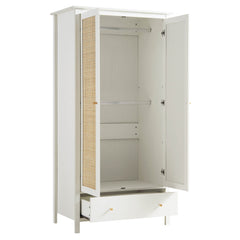 Nordic Rattan Double Wardrobe with 1 Drawer, White