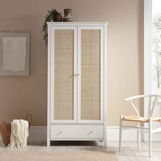 Nordic Rattan Double Wardrobe with 1 Drawer, White
