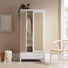 Nordic Rattan Double Wardrobe with 1 Drawer, White